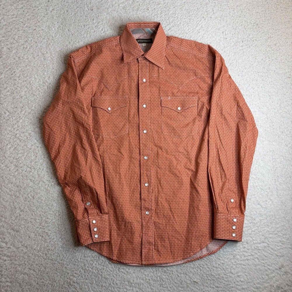 Stetson Mens Western Pearl Snap Shirt Orange Geometric Print Cotton Small S Long